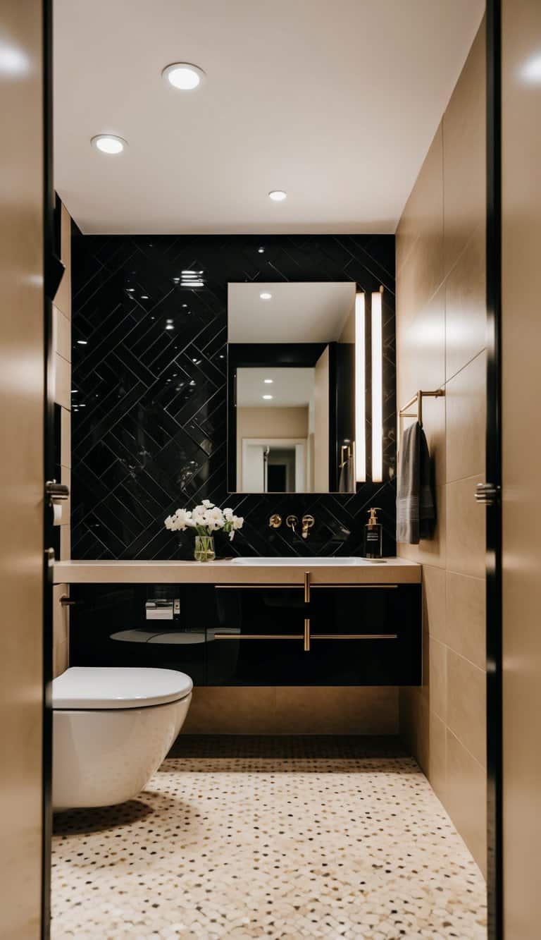 A modern black and beige bathroom with sleek fixtures and geometric patterns