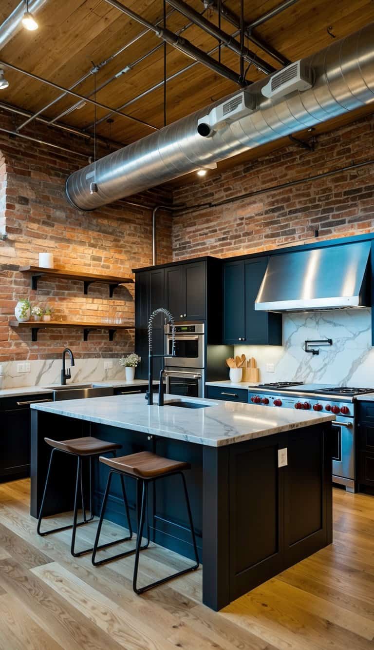 The industrial kitchen features exposed brick walls, stainless steel appliances, and a large central island with a marble countertop