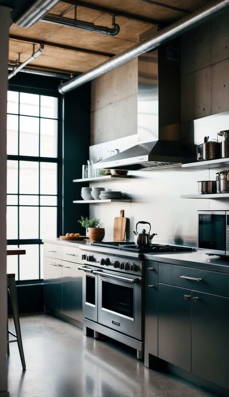 A sleek industrial kitchen with stainless steel appliances and raw, refined elements