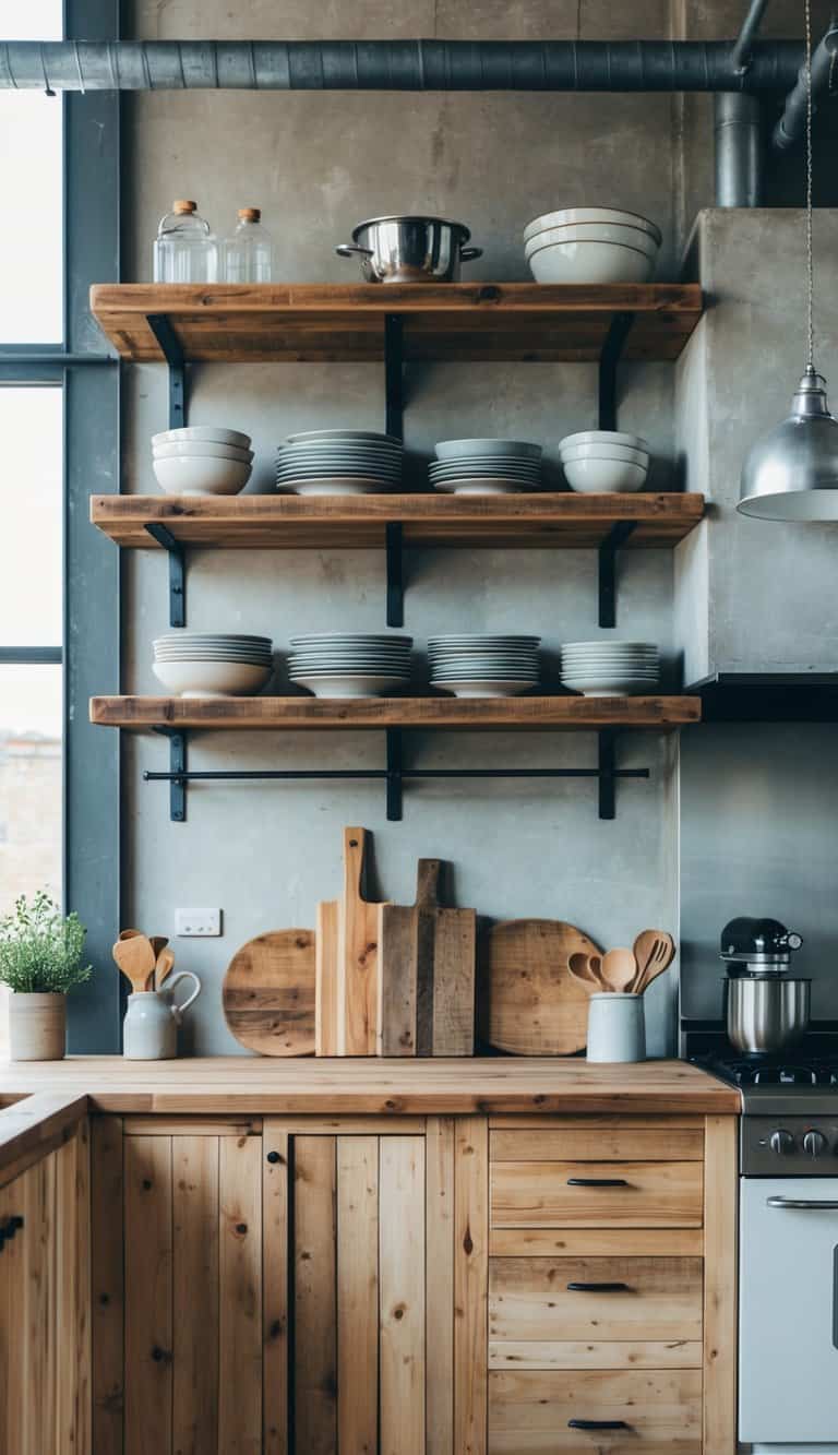 Rustic open shelving made of reclaimed wood in an industrial kitchen, blending raw and refined elements