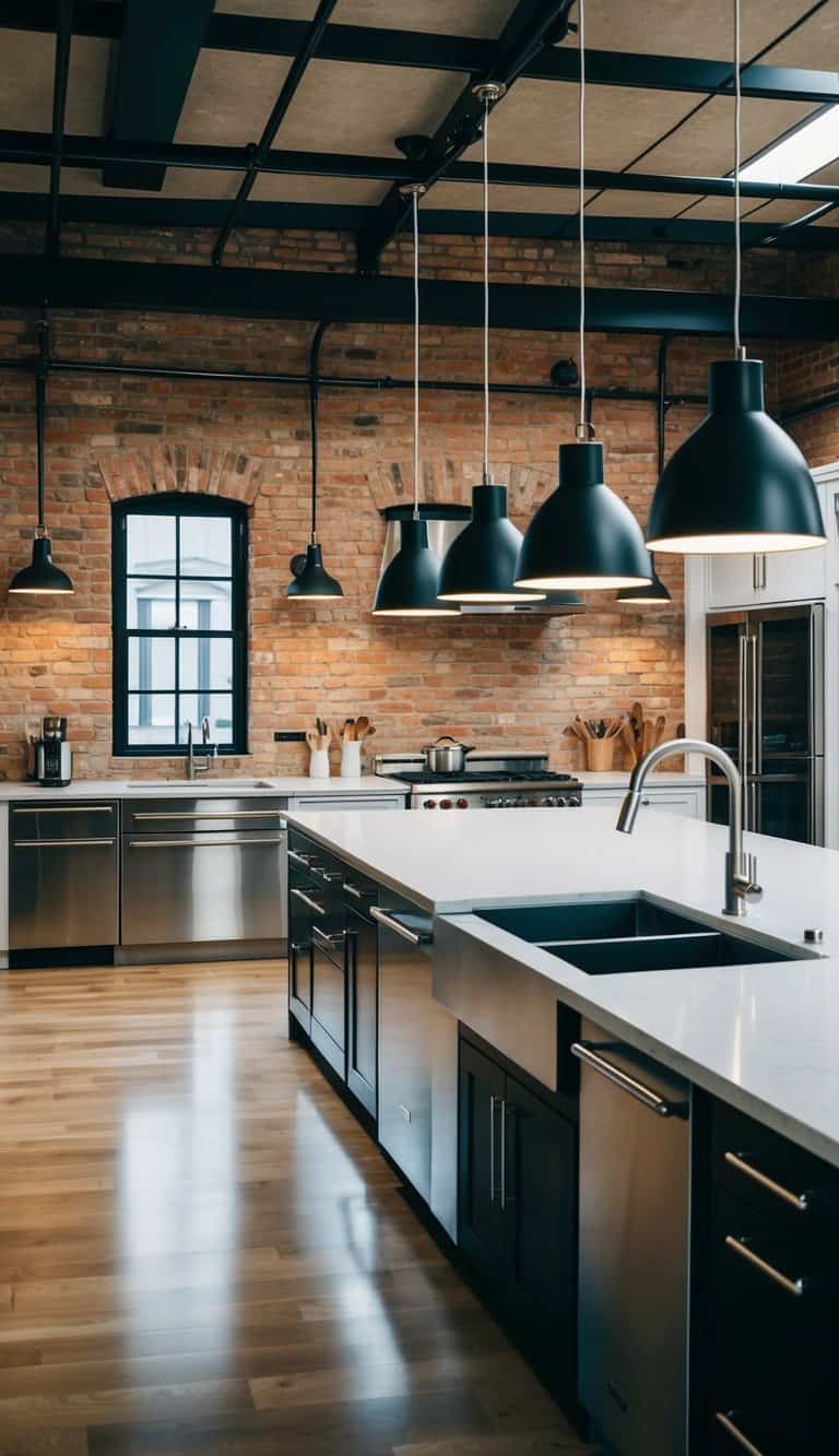 A spacious industrial kitchen with exposed brick walls, stainless steel appliances, and a row of sleek pendant lights hanging above a large central island