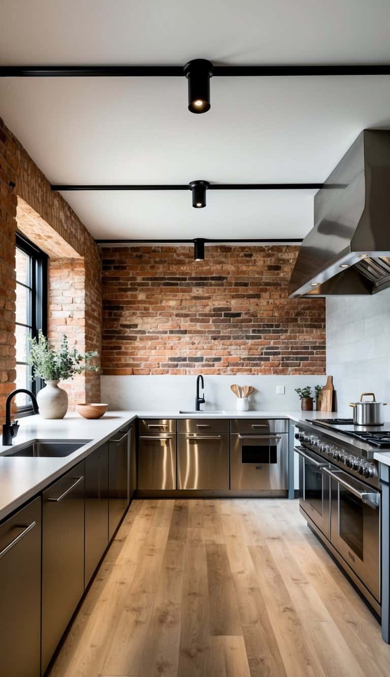 A spacious industrial kitchen with exposed brick walls, stainless steel appliances, and neutral color palette. A blend of raw and refined elements creates a modern yet rustic atmosphere