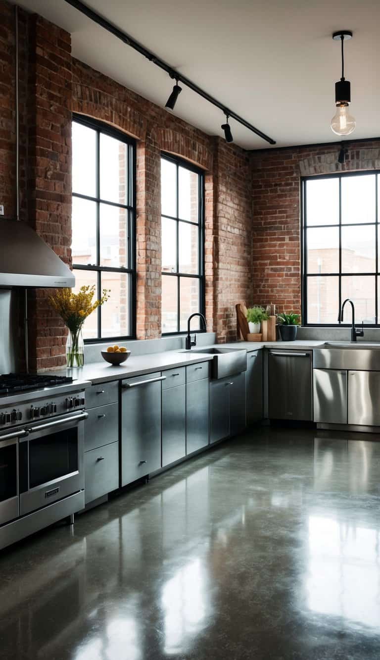 A spacious industrial kitchen with polished concrete floors, exposed brick walls, stainless steel appliances, and large windows letting in natural light