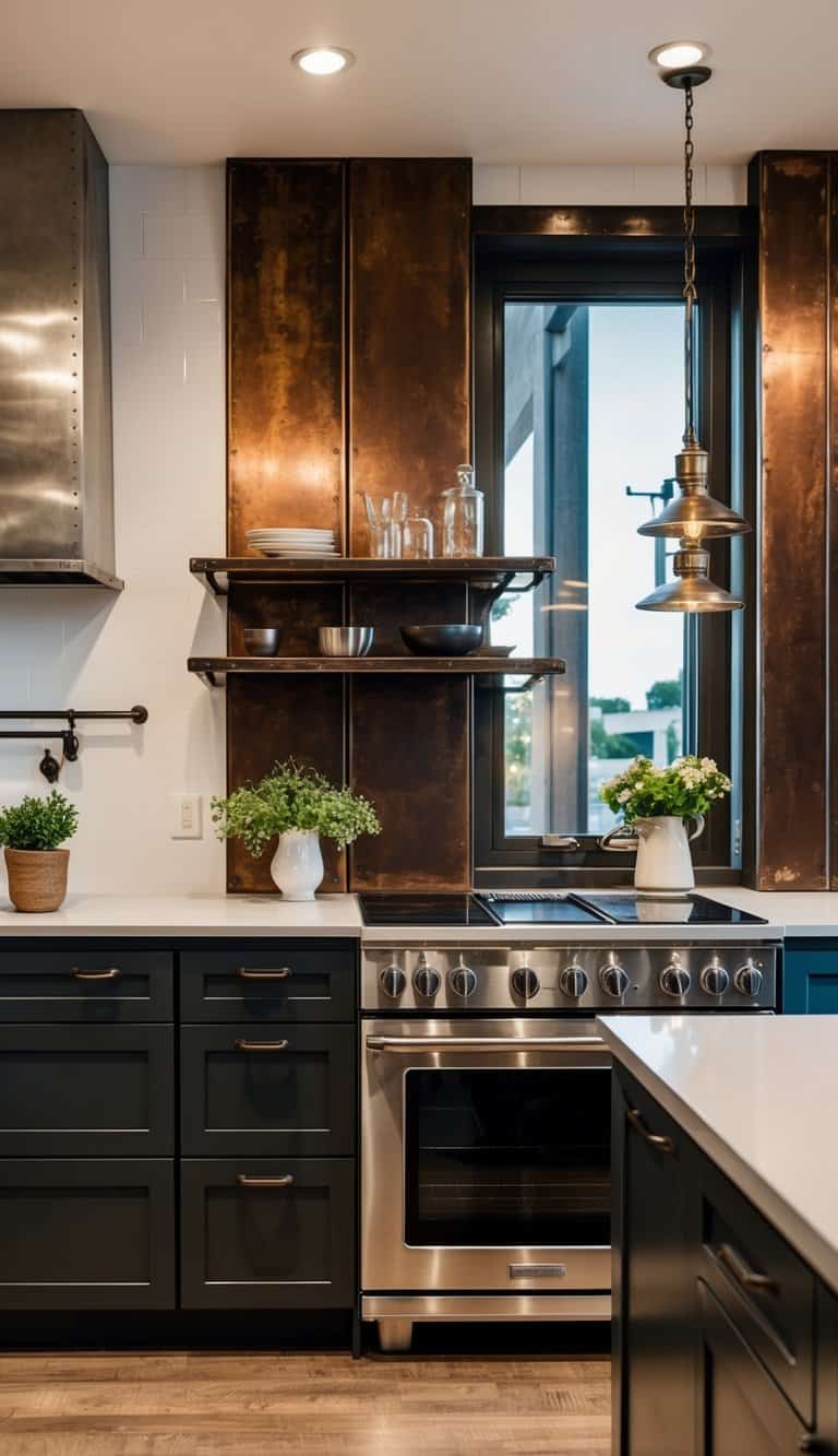 A modern kitchen with reclaimed metal accents, blending industrial and refined elements