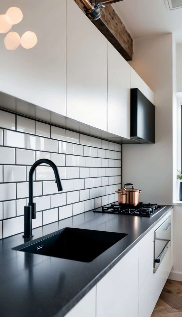 A sleek subway tile backsplash contrasts with industrial elements in a modern kitchen