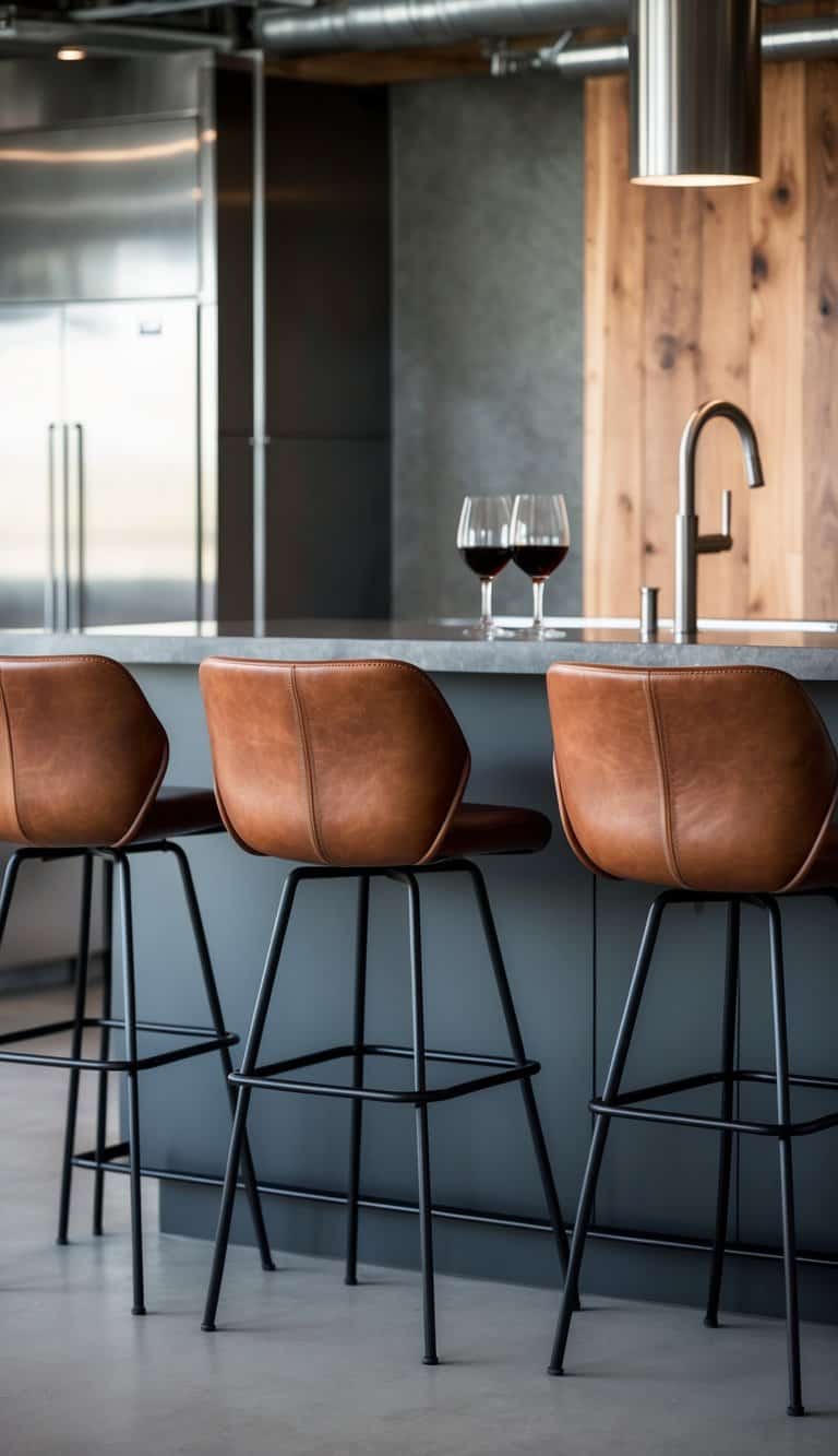 Four leather bar stools sit at a sleek industrial kitchen island. Raw metal and refined wood elements blend in the background