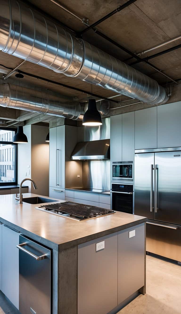 Exposed ductwork hangs above a sleek industrial kitchen with stainless steel appliances and concrete countertops