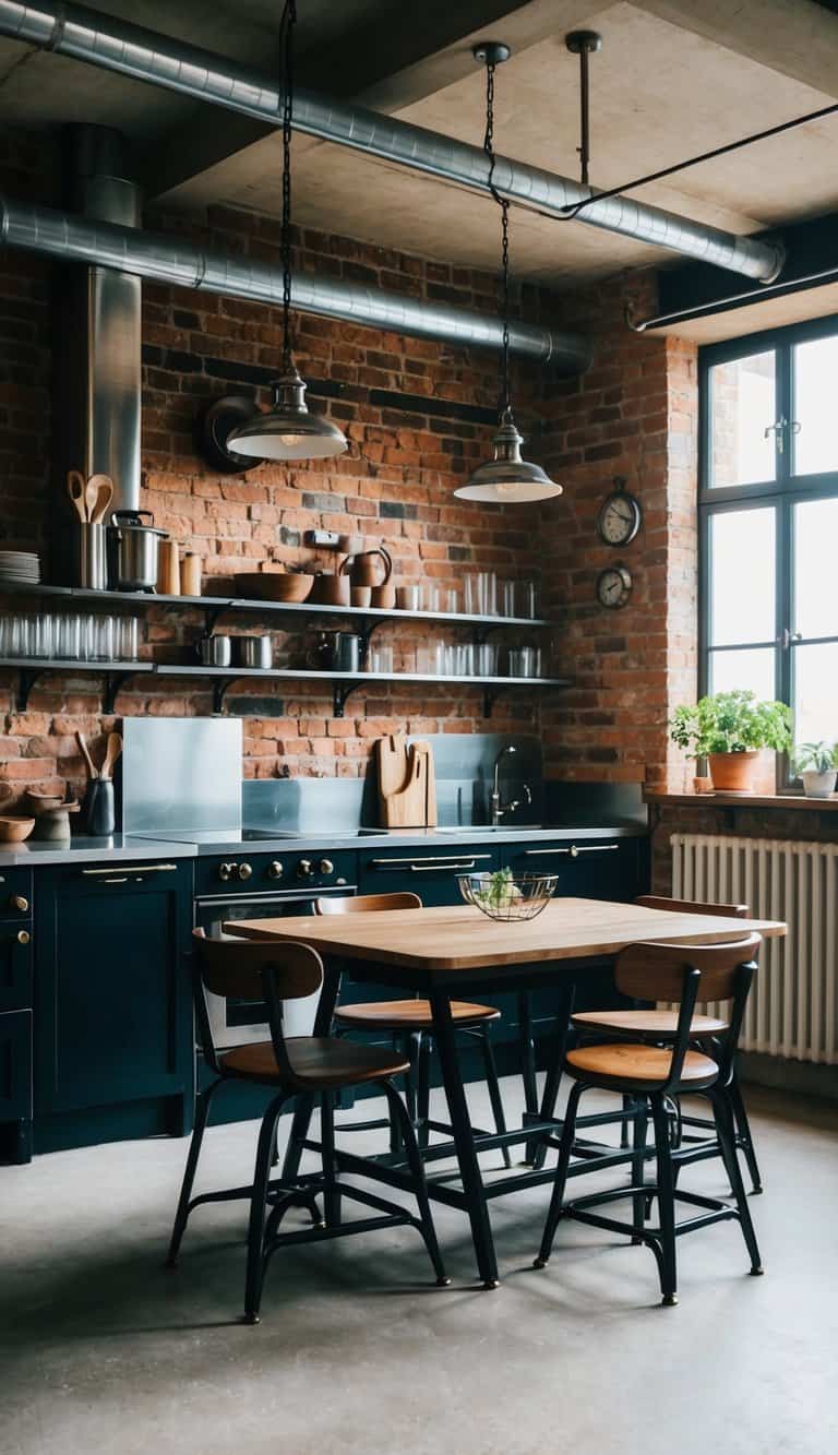 A cozy kitchen with vintage industrial furniture, exposed brick walls, and metal accents. A mix of raw and refined elements create a stylish and functional space