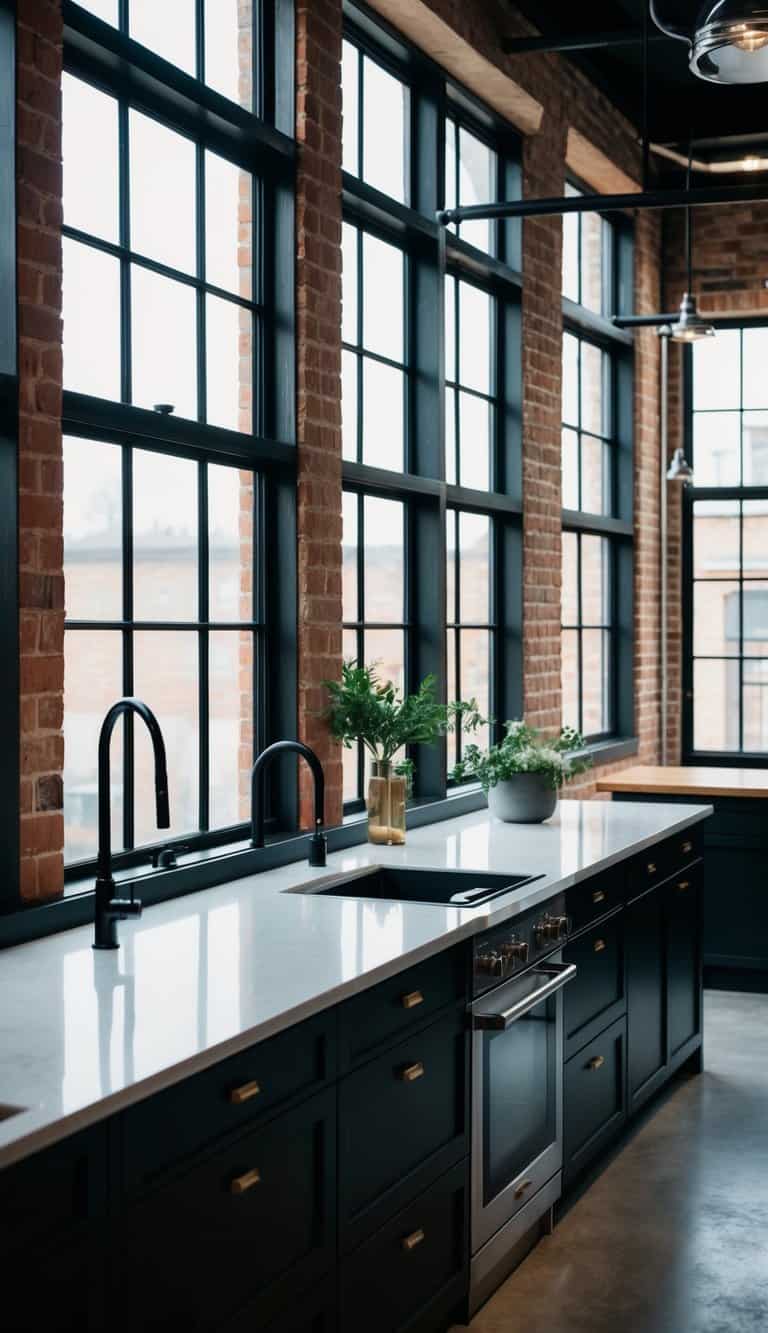 A spacious industrial kitchen with black steel windows, exposed brick walls, and a mix of raw and refined elements