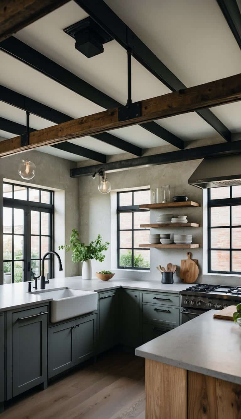 The kitchen features exposed ceiling beams, metal fixtures, and a mix of raw and refined materials, creating an industrial aesthetic