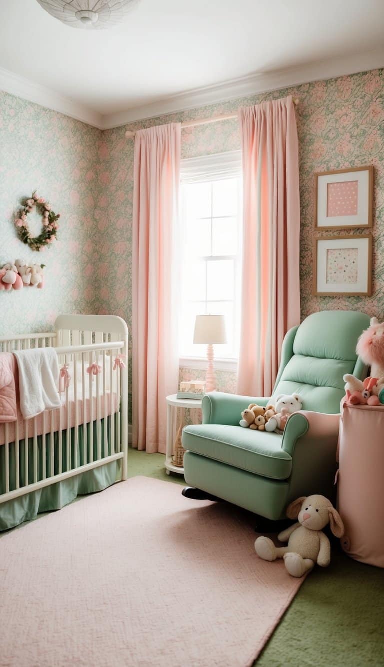 A cozy nursery with pastel pink and green decor, including patterned wallpaper, plush toys, and a comfortable rocking chair