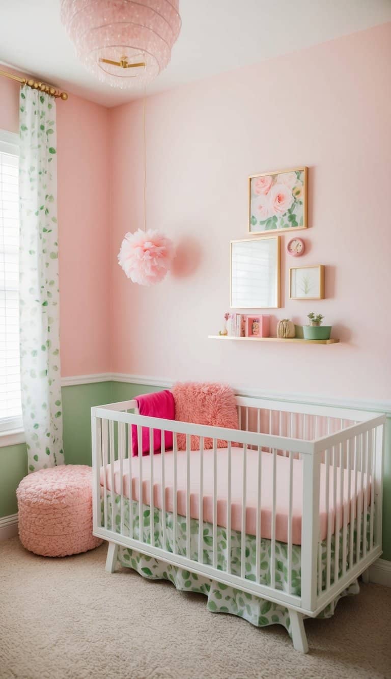 The nursery features pastel pink walls and trendy pink and green decor for a playful look