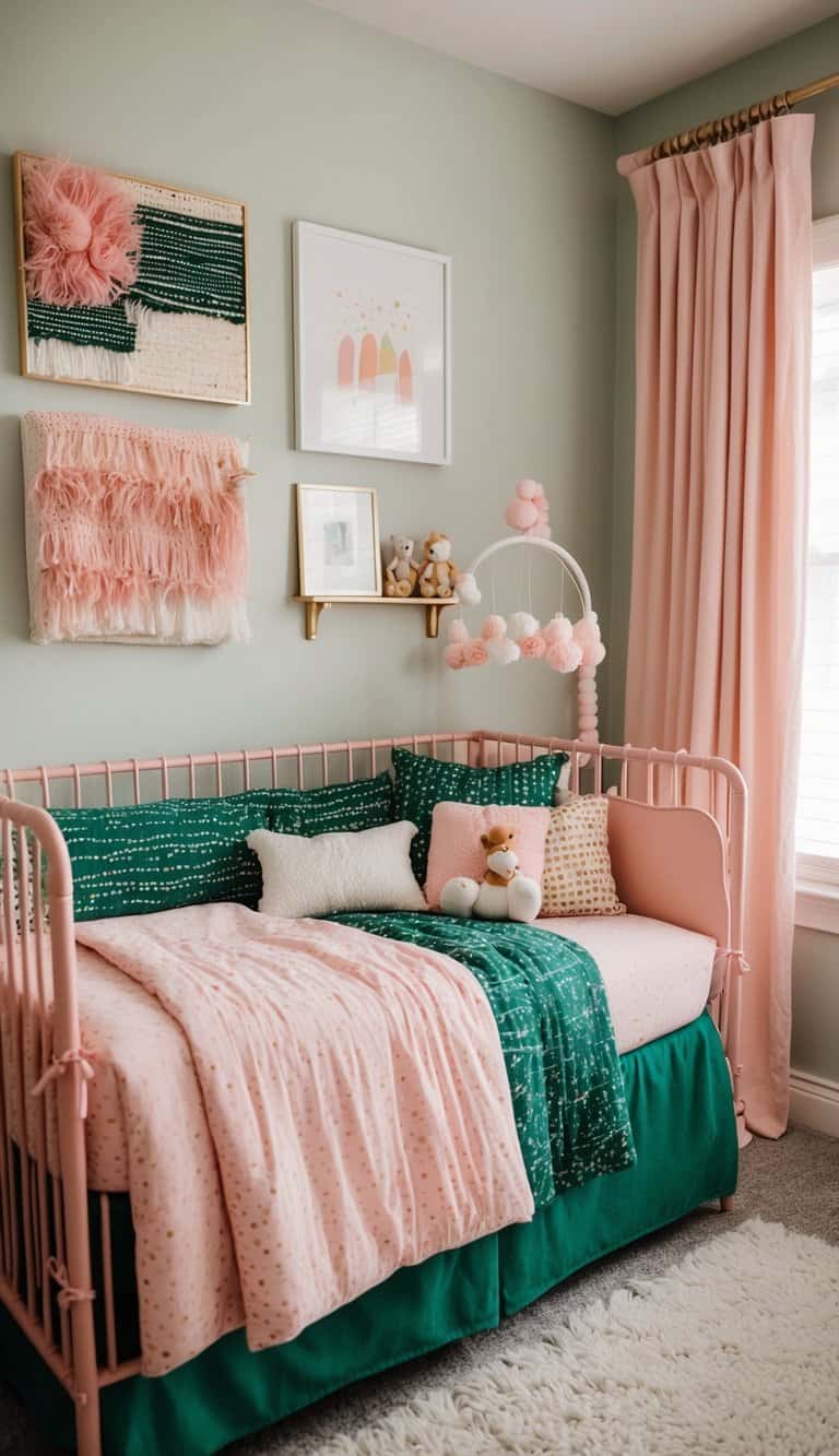 A cozy nursery with pink and green bedding, adorned with playful patterns and textures, creating a trendy and inviting atmosphere for a little one