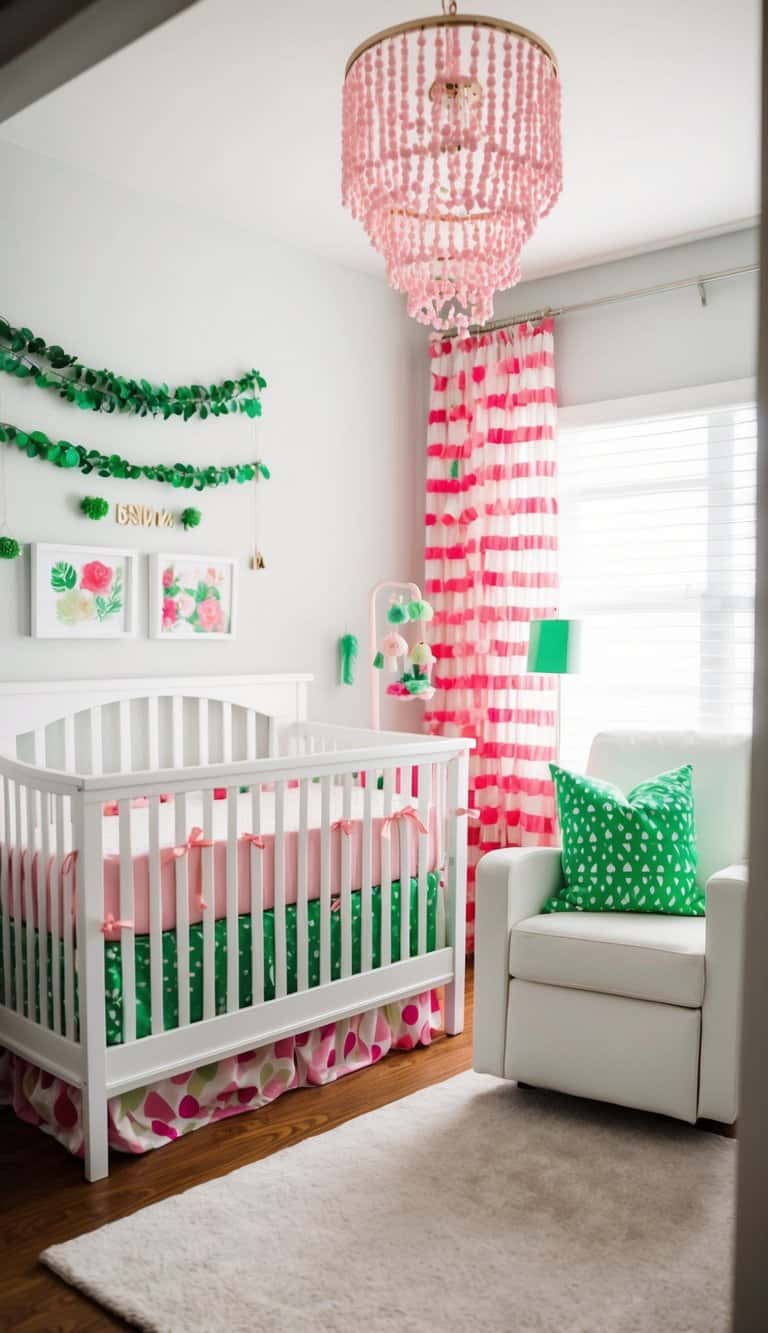 A nursery with white furniture, featuring trendy pink and green decor for a playful and vibrant look