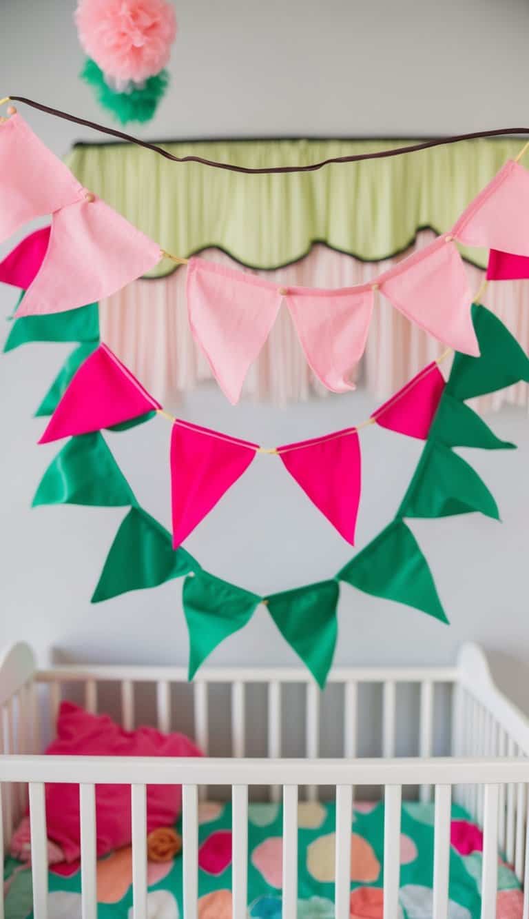 Pink and green bunting hanging in a playful nursery with trendy decor