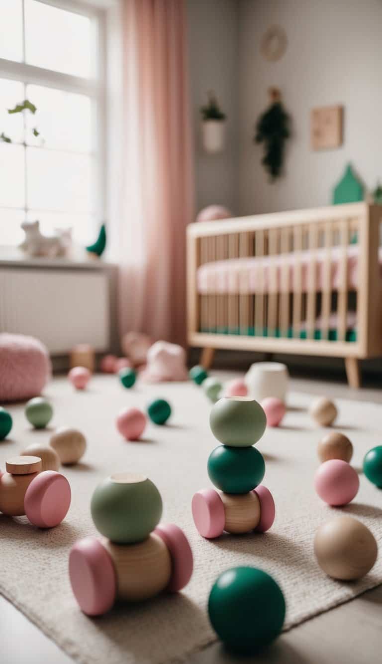 A cozy nursery with pink and green wooden toys scattered around, creating a playful and natural atmosphere