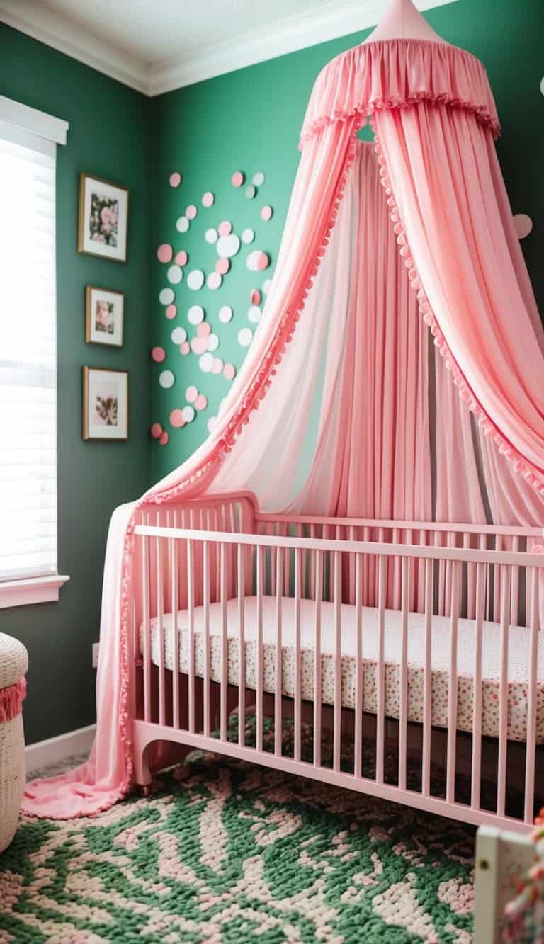A pink canopy drapes over the crib in a trendy pink and green nursery, creating a playful and stylish look