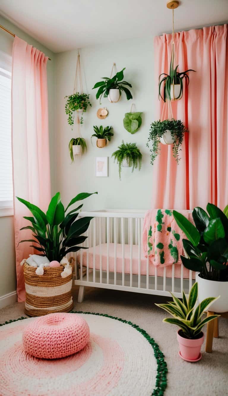 A cozy nursery with pink and green decor, featuring 17 vibrant green plants as stylish accessories for a playful and trendy look