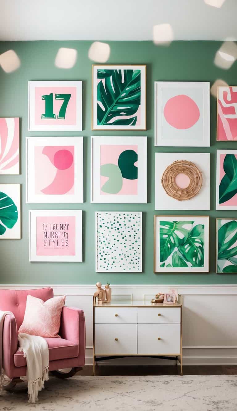 A gallery wall with pink and green art, showcasing 17 trendy nursery styles for a playful look