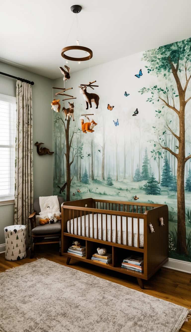 A cozy nursery with woodland animal mobiles, tree-shaped bookshelves, and a mural of a serene forest with birds and butterflies