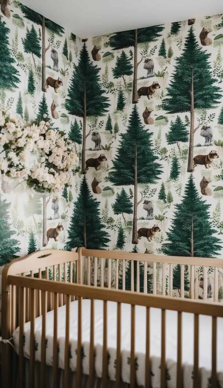 A cozy nursery with forest-themed wallpaper, featuring trees, animals, and greenery, creating a serene and natural atmosphere
