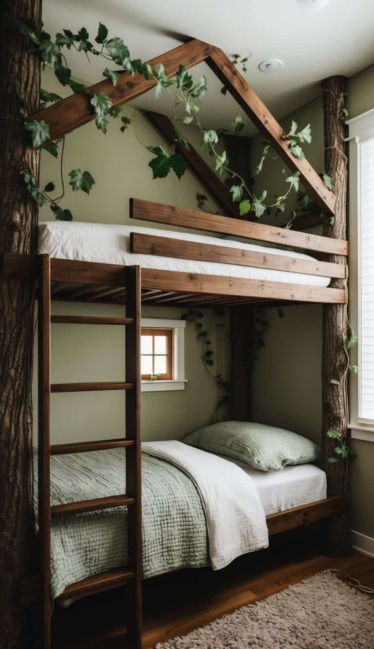 A cozy bunk bed resembling a treehouse, with wooden beams, leafy vines, and a small window, creating a nature-inspired nursery atmosphere