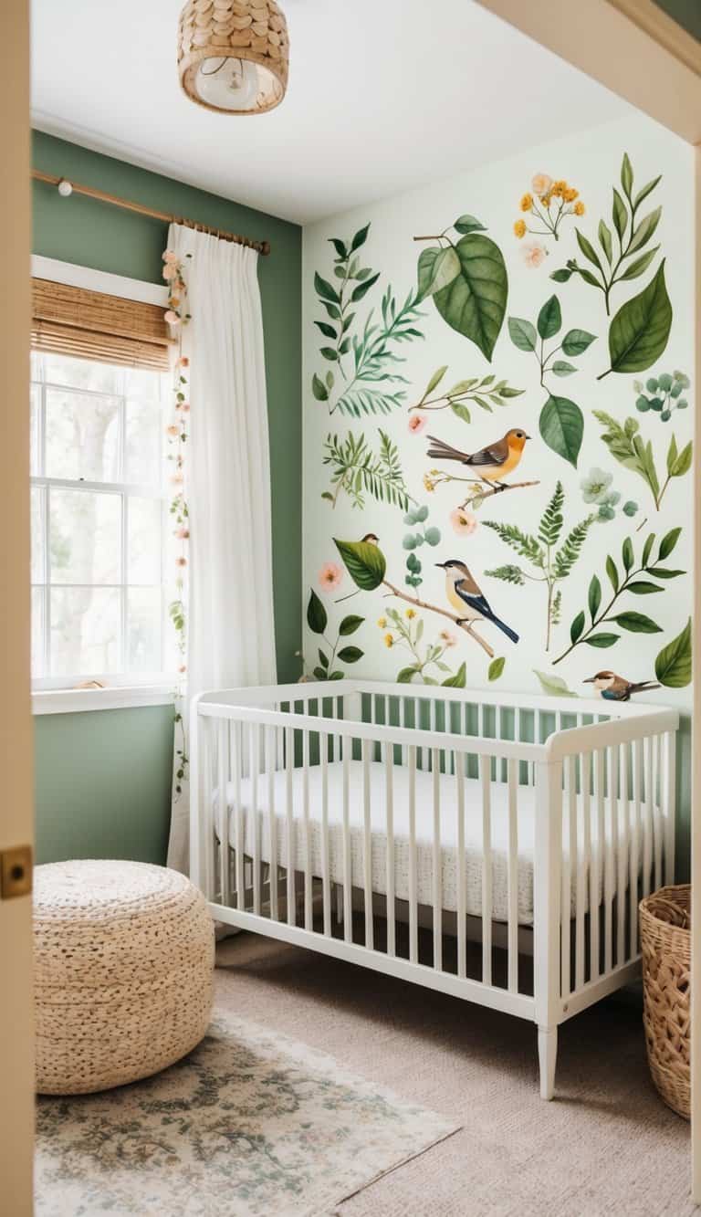 A whimsical nursery with a nature-inspired theme, featuring botanical wall decals of leaves, flowers, and birds. A cozy and serene space with a touch of the outdoors