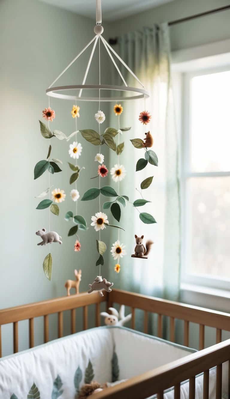A mobile of delicate leaves, flowers, and woodland creatures hangs above a crib, with soft sunlight streaming through a window onto the nature-inspired nursery decor