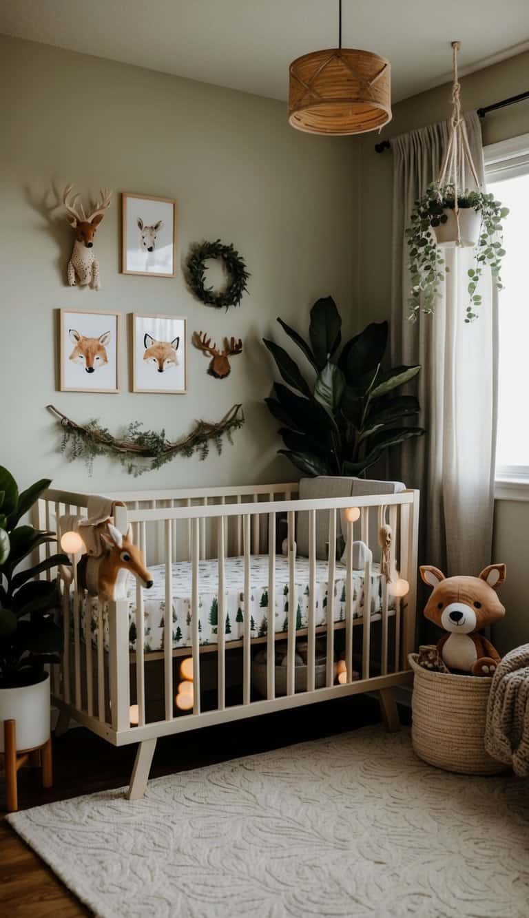 A cozy nursery with nature-inspired crib sheets, surrounded by potted plants, woodland animal decor, and soft natural lighting