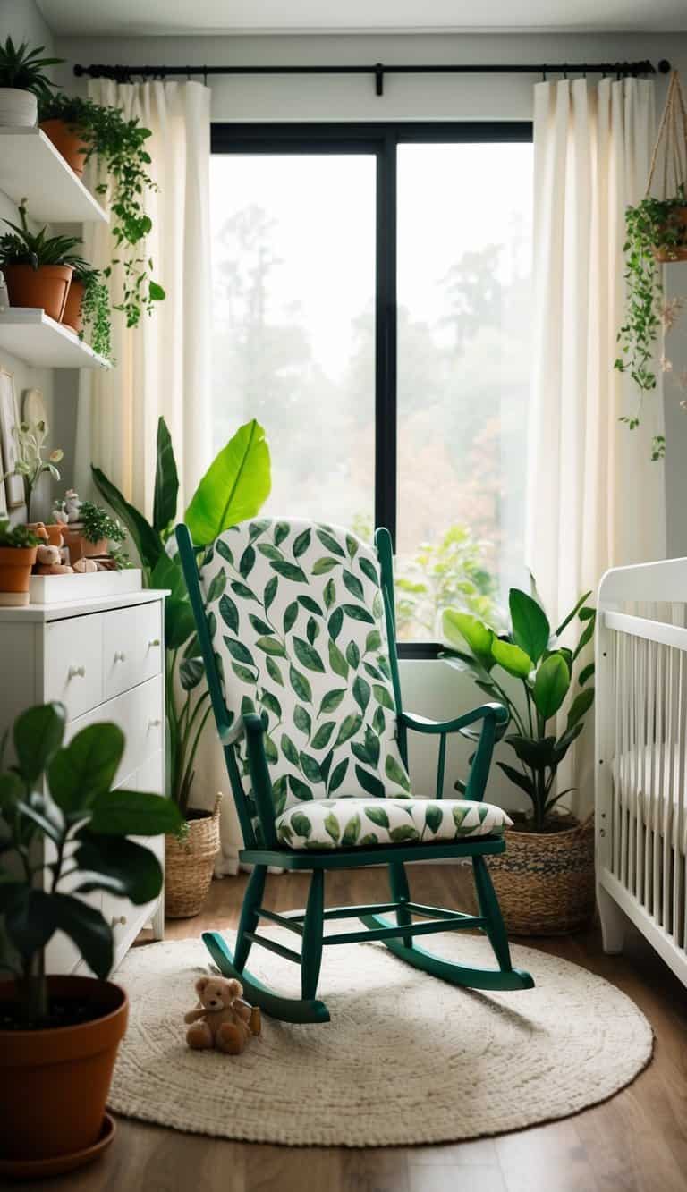 A cozy nursery with a leaf-patterned rocking chair surrounded by potted plants and nature-inspired decor, creating a serene outdoor atmosphere indoors