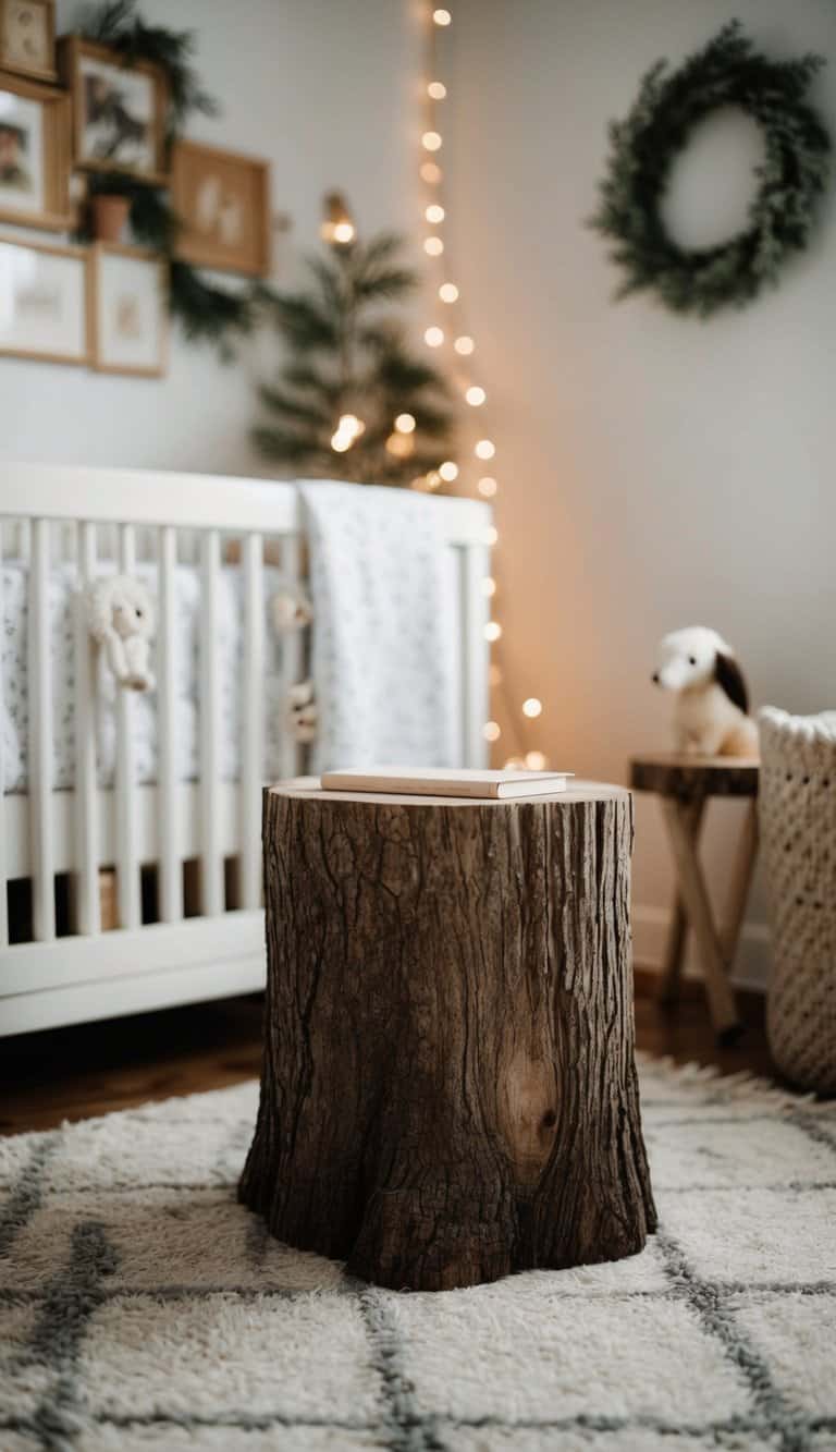 A cozy nursery with a tree stump side table, surrounded by nature-inspired decor and soft lighting