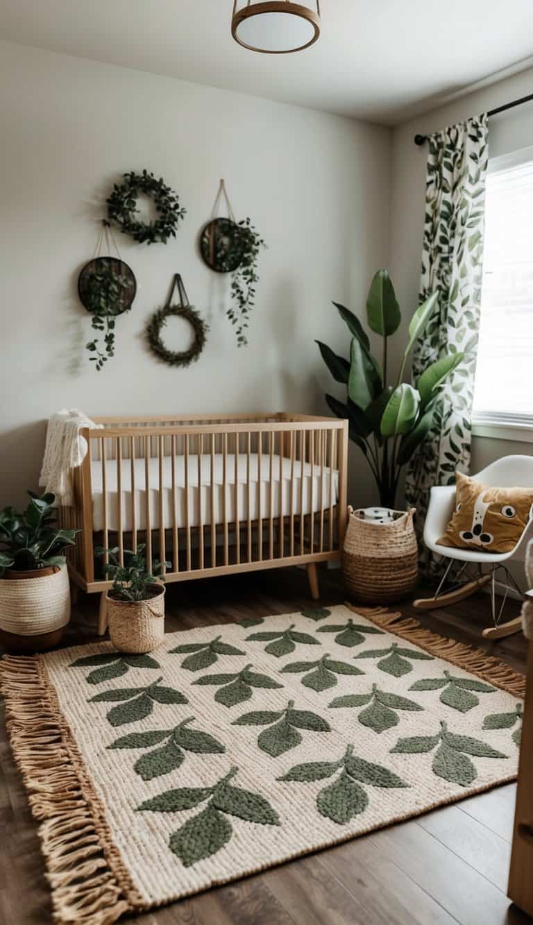 A cozy nursery with a natural fiber rug featuring a leafy pattern, surrounded by potted plants and woodland-themed decor