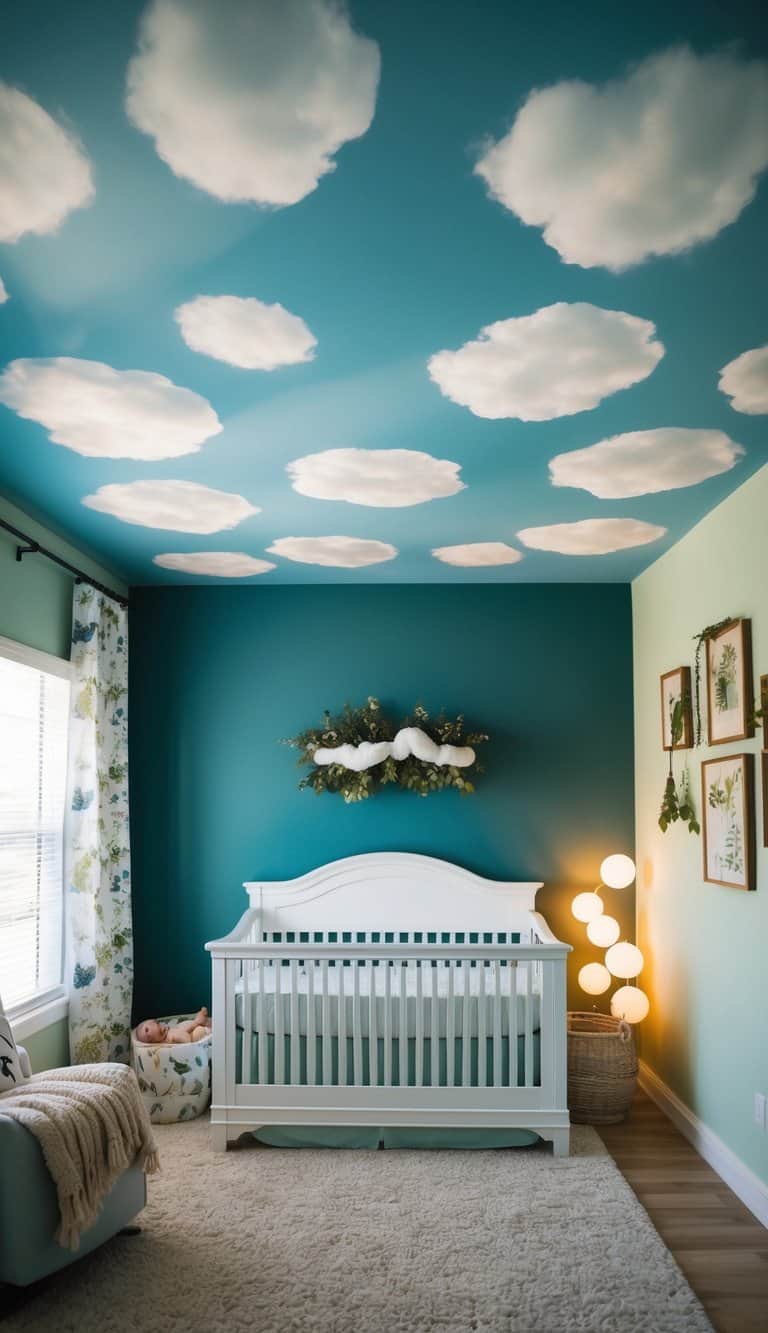 A nursery with a painted sky and cloud ceiling, surrounded by nature-inspired decor and soft lighting