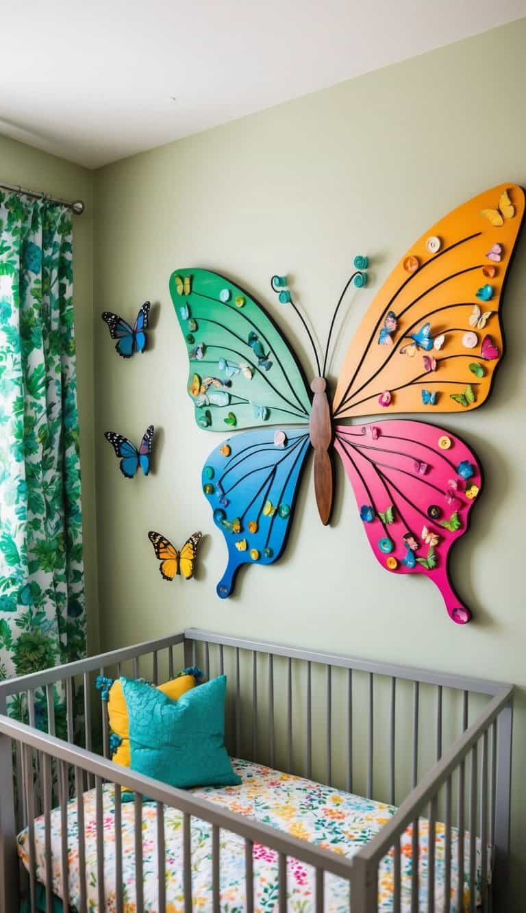 A colorful butterfly wall art decorates a nature-inspired nursery, bringing the outdoors in with its vibrant and whimsical design
