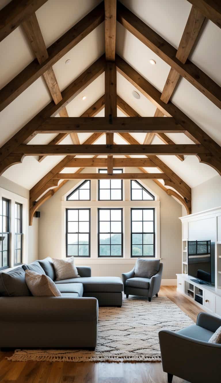 A cozy attic living room with sloped ceilings, featuring exposed wooden beams, large windows, and comfortable seating