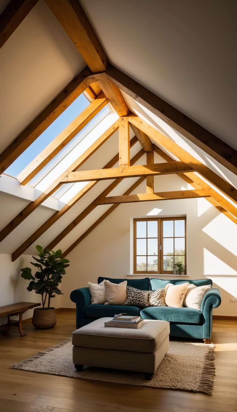 Sunlight streams through open beams into a cozy attic living room with stunning sloped ceilings