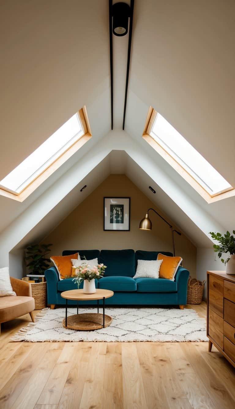A cozy attic living room with sloped ceilings, bathed in natural light from a skylight installation, featuring comfortable seating and warm decor