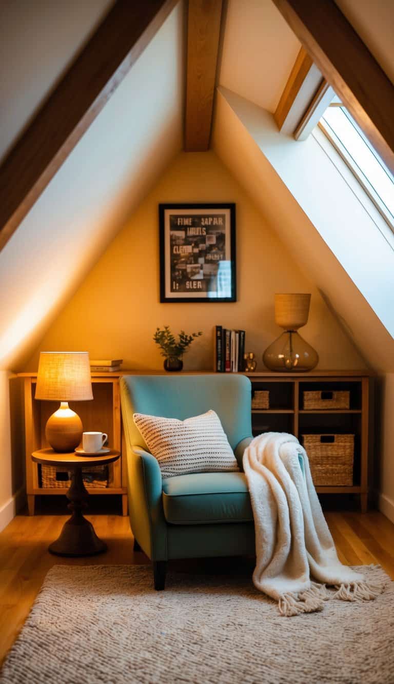 A warm, inviting attic living room with sloped ceilings, featuring a cozy reading nook with a comfortable chair, soft blankets, and a small side table with a warm lamp