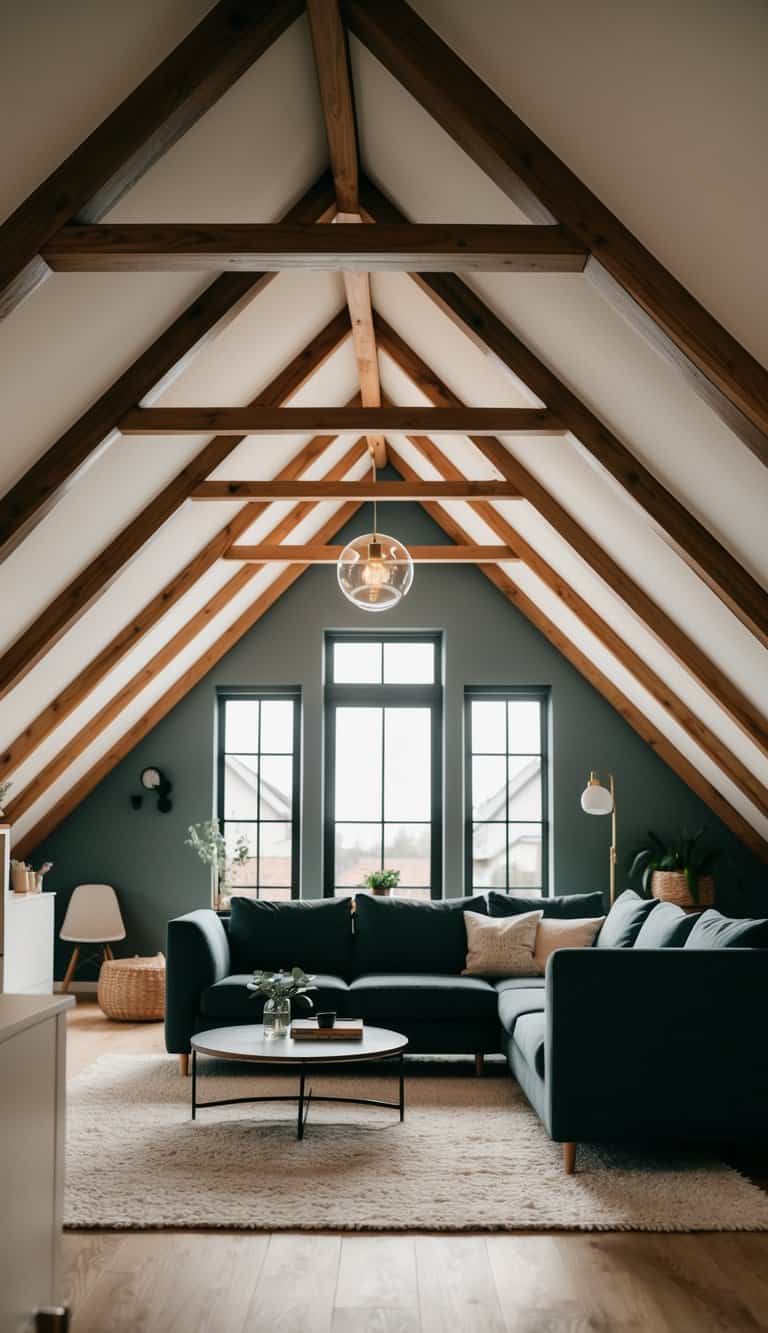 An inviting attic living room with low furniture under stunning sloped ceilings