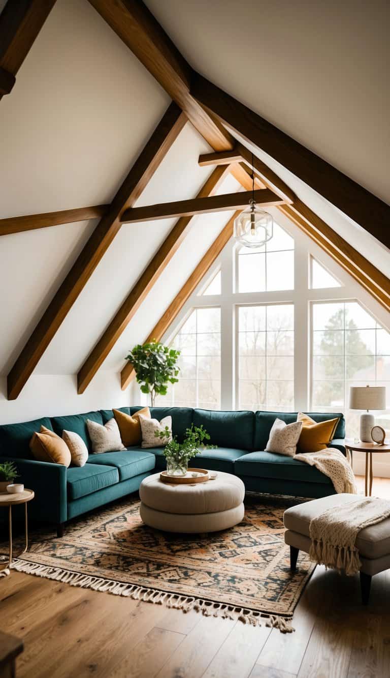 An inviting attic living room with layered rugs, cozy seating, and stunning sloped ceilings
