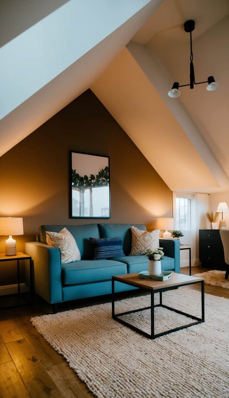 A cozy attic living room with sloped ceilings and a stunning accent wall. Warm lighting and comfortable furniture create a welcoming atmosphere