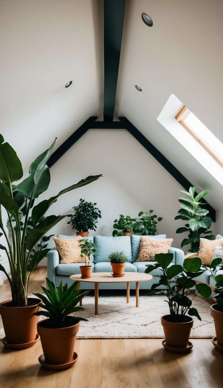 Several potted plants are arranged around a stunning attic living room with sloped ceilings