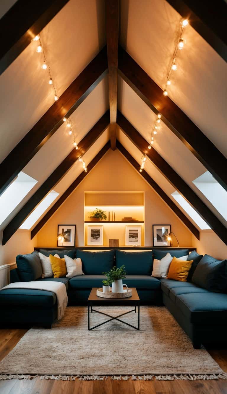 A cozy attic living room with sloped ceilings, featuring multi-level lighting casting a warm and inviting glow throughout the space