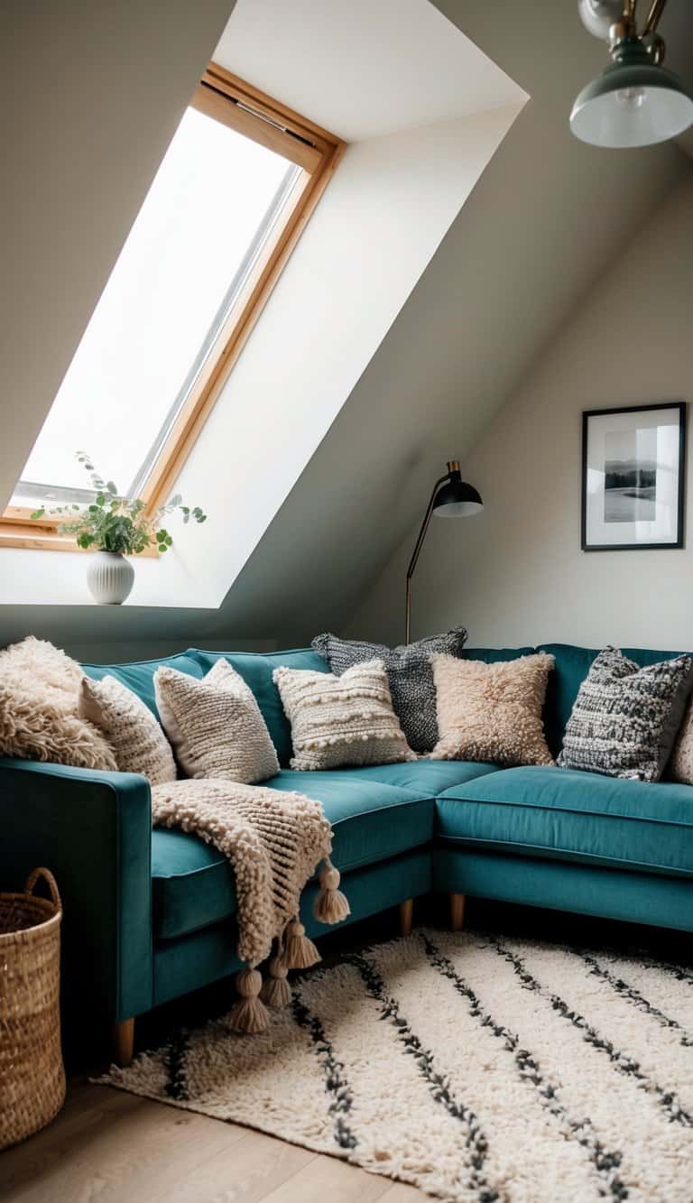 An attic living room with sloped ceilings adorned with 18 stunning textured throws