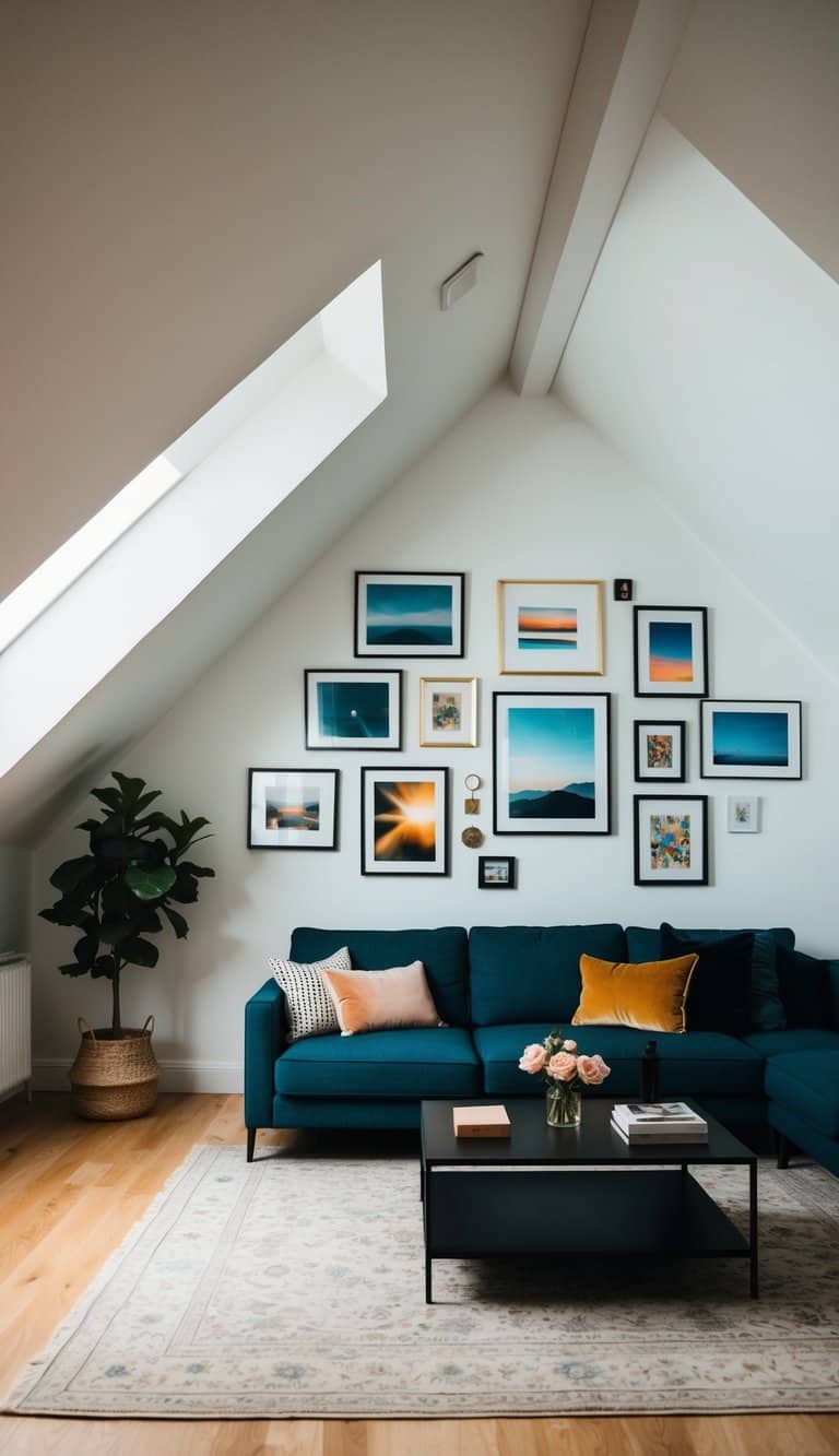 An attic living room with sloped ceilings, featuring a gallery wall of 18 stunning artworks