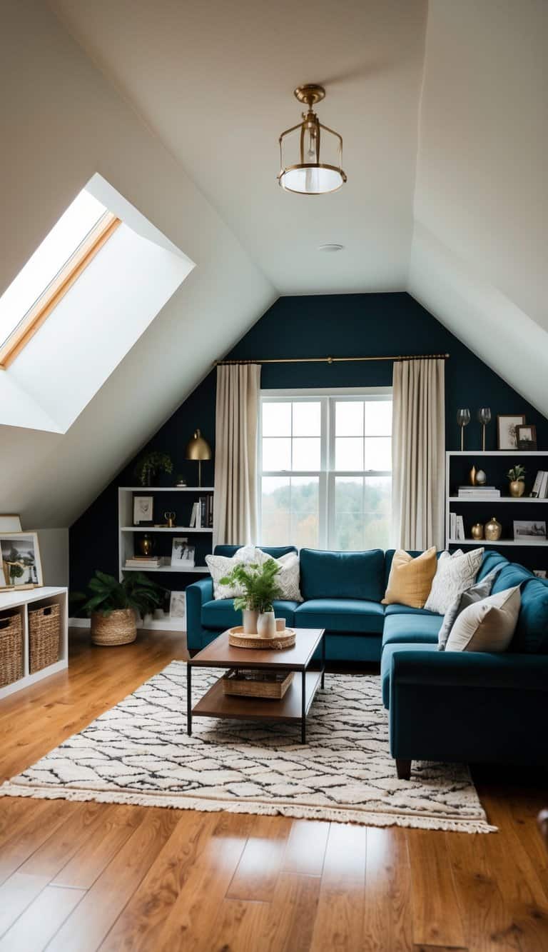 An attic living room with sloped ceilings, featuring custom storage solutions and stunning decor