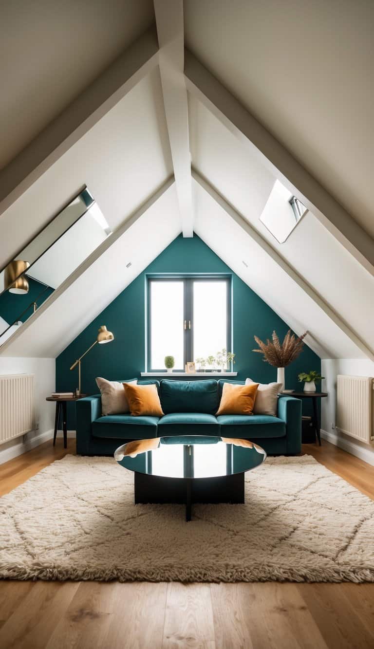 An attic living room with sloped ceilings featuring stunning mirrored surfaces