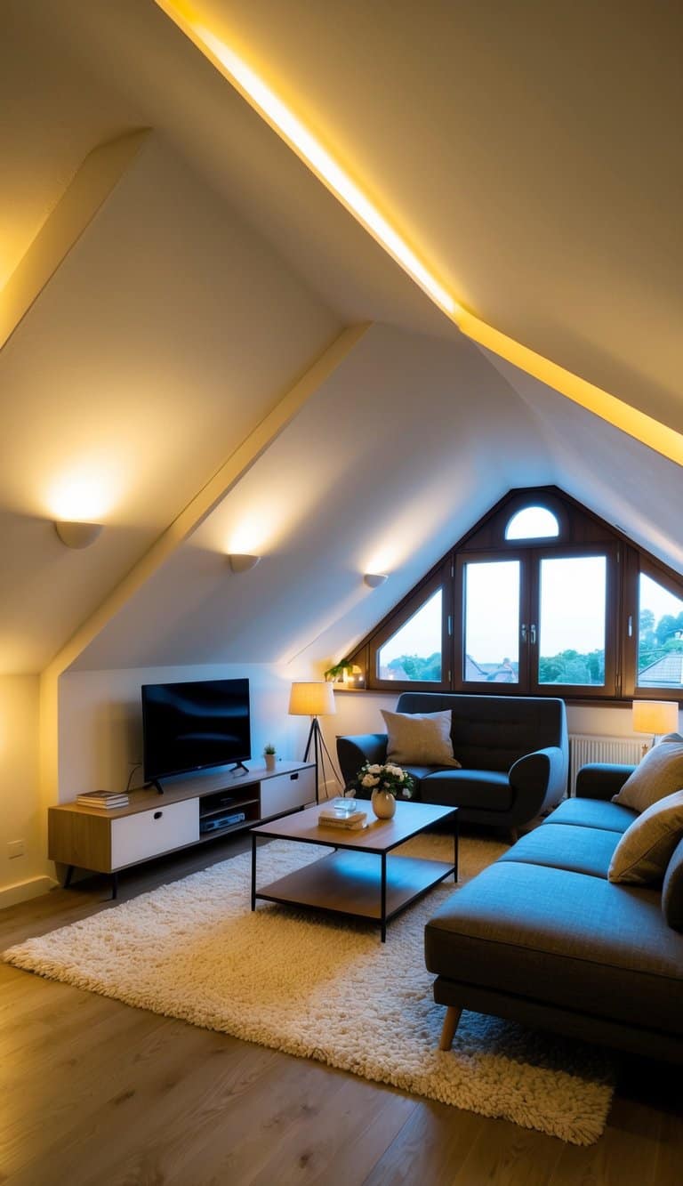 The attic living room is bathed in soft ambient lighting, highlighting the stunning sloped ceilings and creating a cozy and inviting atmosphere