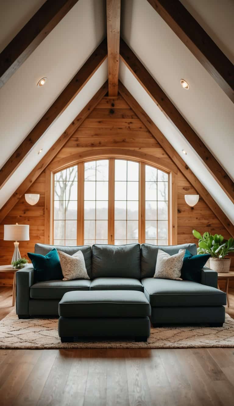A cozy attic living room with a sectional sofa under stunning sloped ceilings