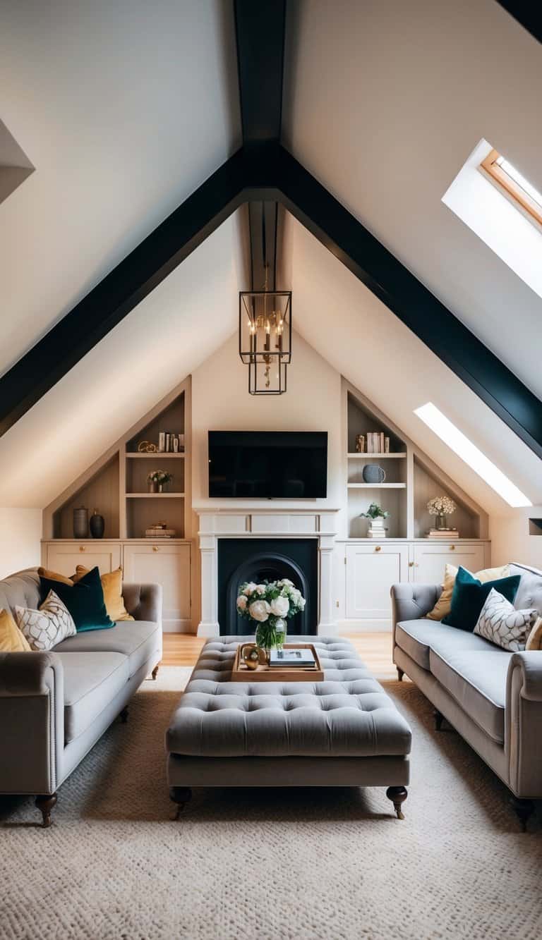 An elegant attic living room with bespoke cabinetry and stunning sloped ceilings
